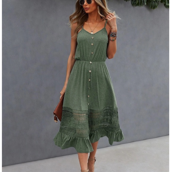 Rouge! Dresses & Skirts - Green Midi Dress Fit and Flared Button Front Lace Detail Cami Top